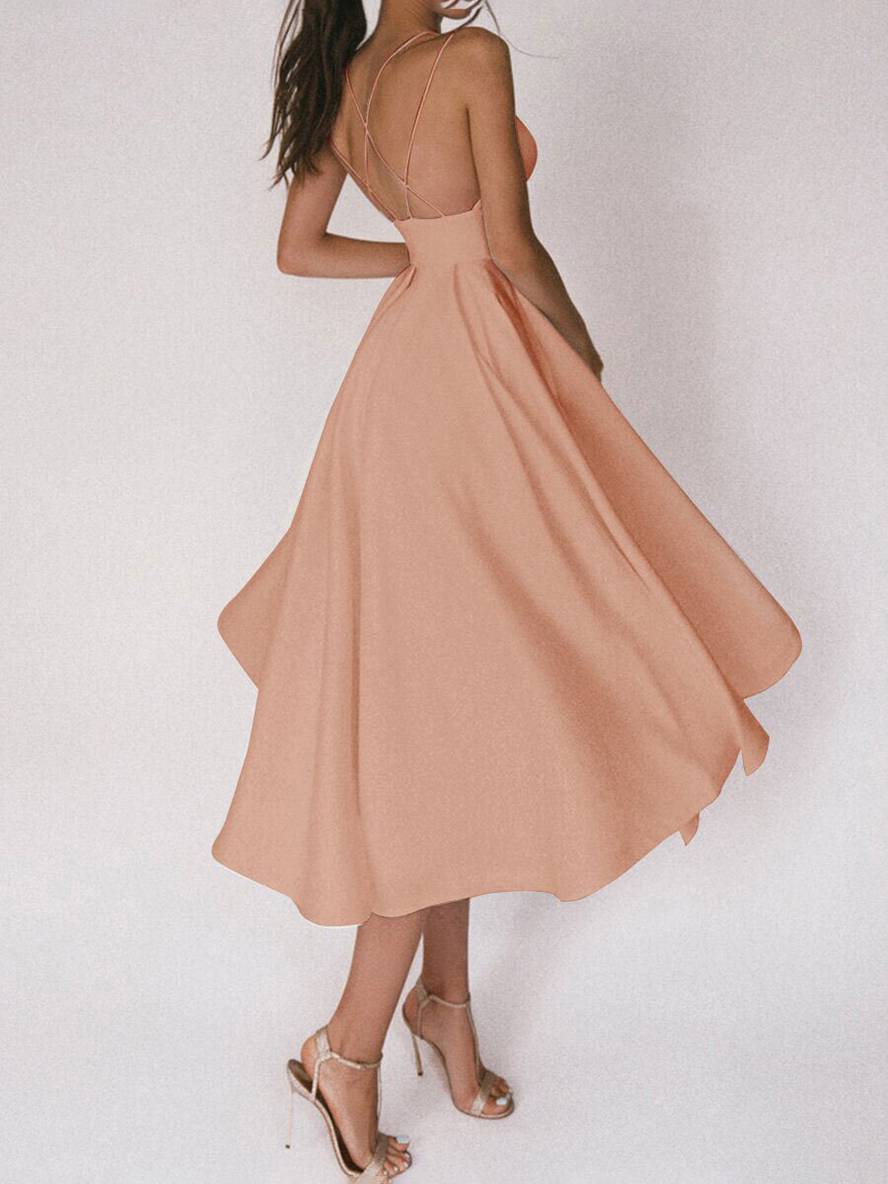 Zaprada mid-length A-line dress with open back, thin straps, and V-neck for women, elegant cocktail dress