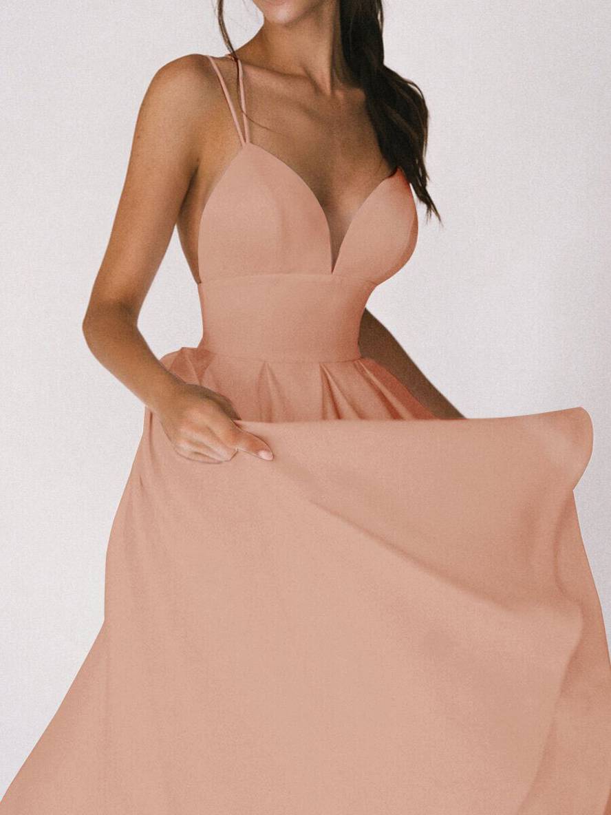 Zaprada mid-length A-line dress with open back, thin straps, and V-neck for women, elegant cocktail dress