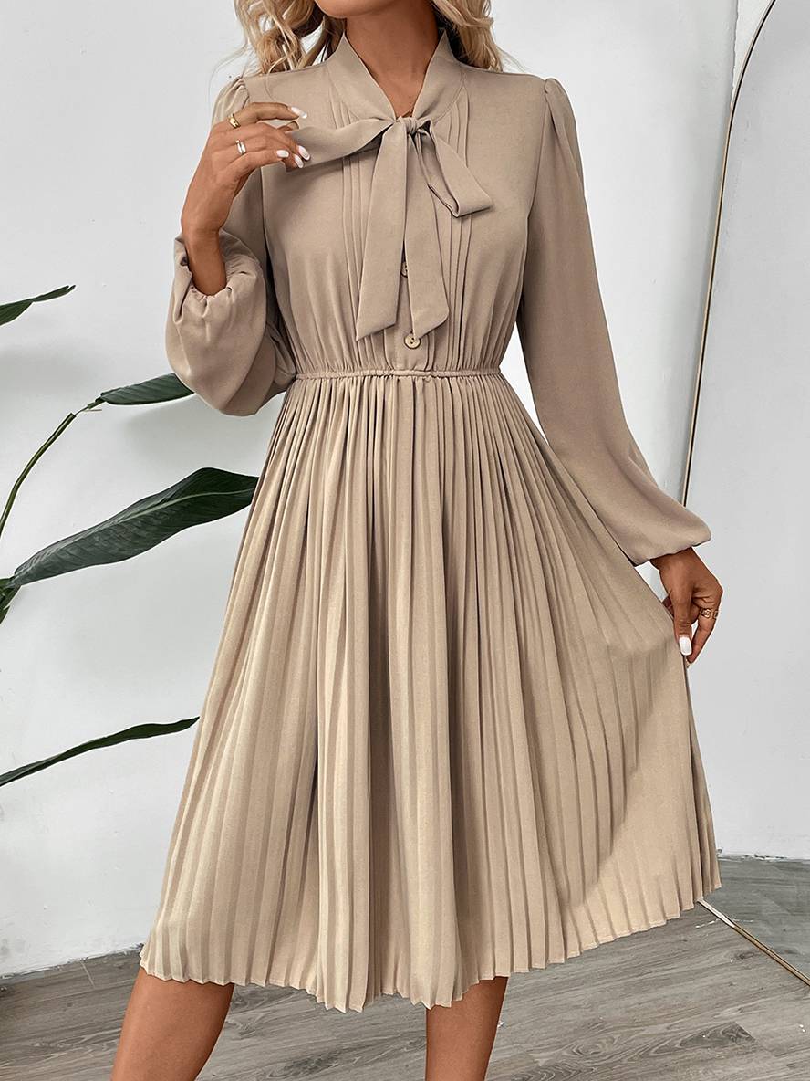 Zaprada mid-length pleated dress with bow tie, button-up lavallière collar, long sleeves, elegant casual prom dress for women
