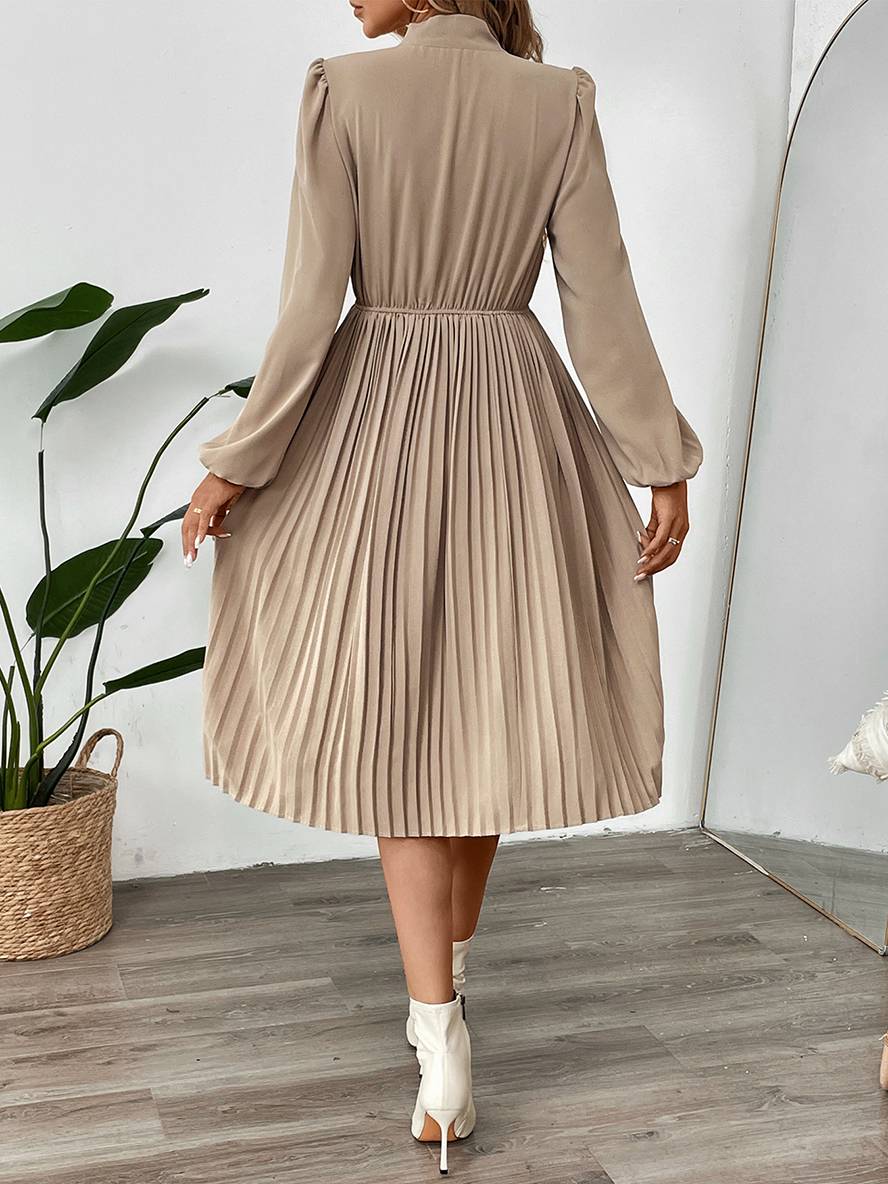 Zaprada mid-length pleated dress with bow tie, button-up lavallière collar, long sleeves, elegant casual prom dress for women