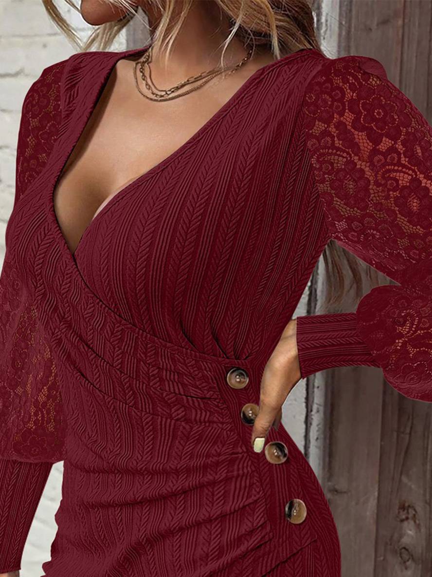 Zaprada mid-length fitted lace dress with V-neck button closure and long sleeves for women, casual cocktail style