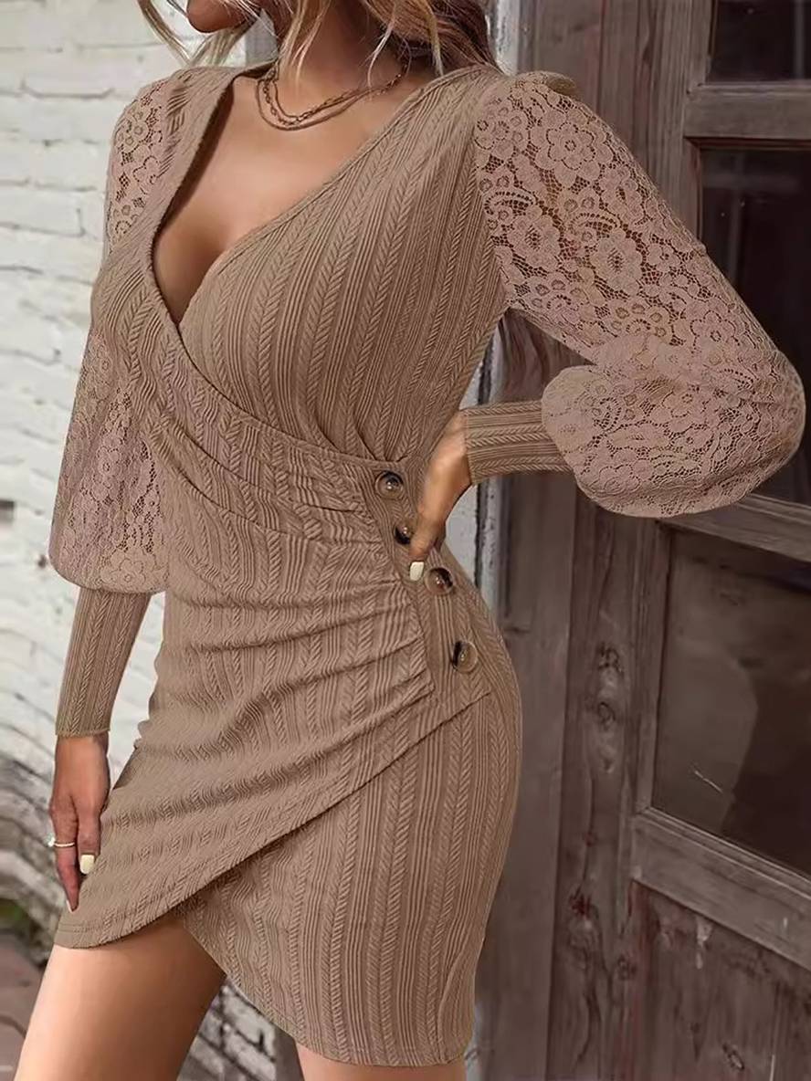 Zaprada mid-length fitted lace dress with V-neck button closure and long sleeves for women, casual cocktail style