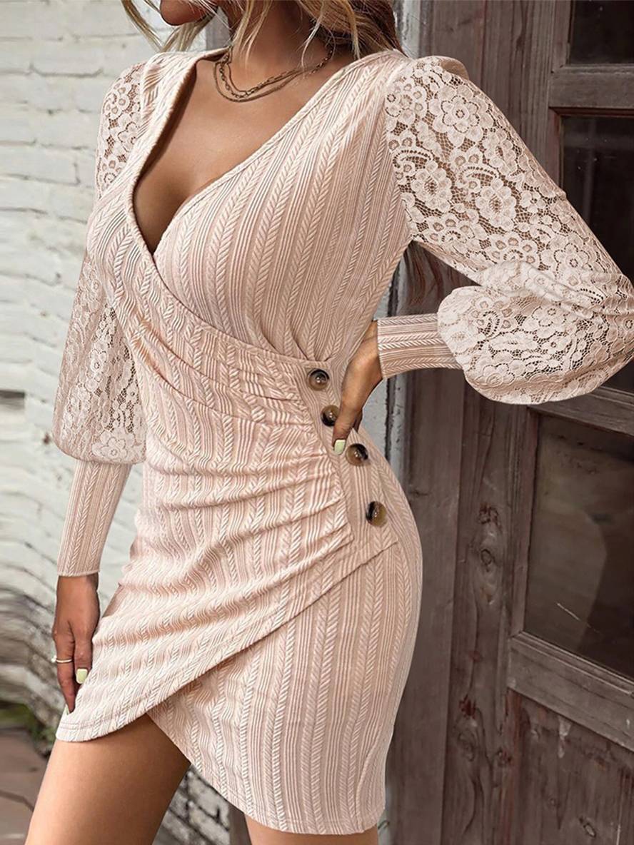 Zaprada mid-length fitted lace dress with V-neck button closure and long sleeves for women, casual cocktail style