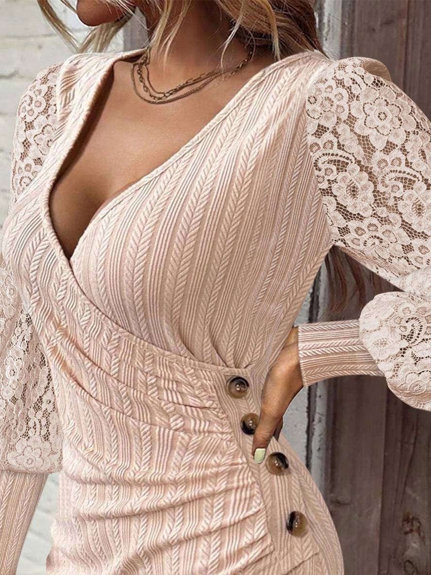 Zaprada mid-length fitted lace dress with V-neck button closure and long sleeves for women, casual cocktail style