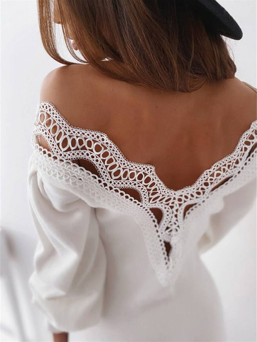 Zaprada Short fitted lace dress with low-cut back, V-neck, bishop sleeves, and long sleeves—elegant and fashionable.