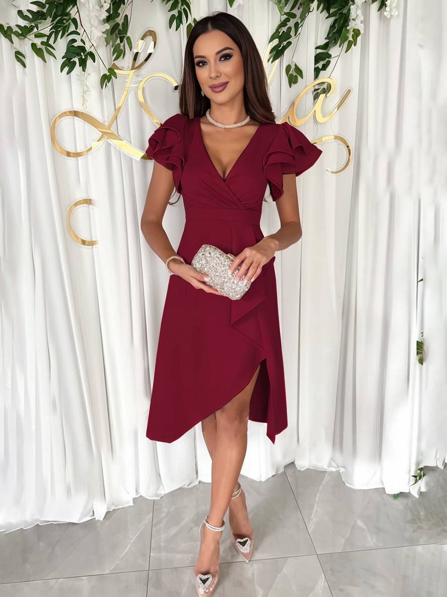 Zaprada short dress with irregular V-neck, short sleeves, layered ruffles, elegant women's fashion, wedding guest attire