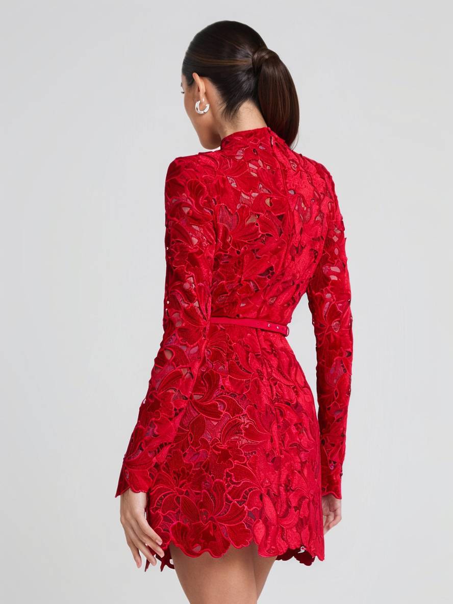 Zaprada Short A-line dress in English lace embroidery with round neck and long sleeves, elegant women's cocktail evening dress