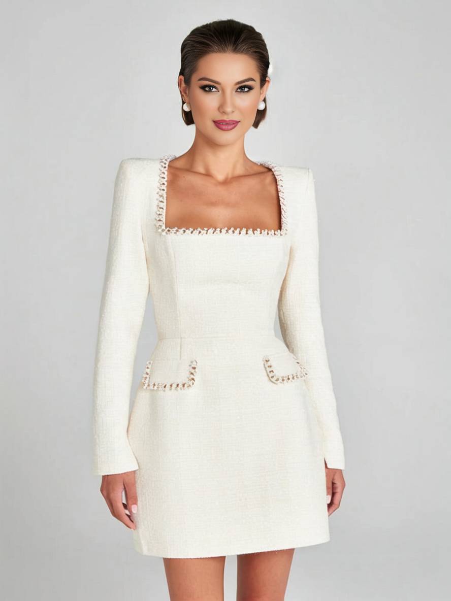 Zaprada short tweed dress with slit pockets, long sleeves, women's vintage elegant party dress