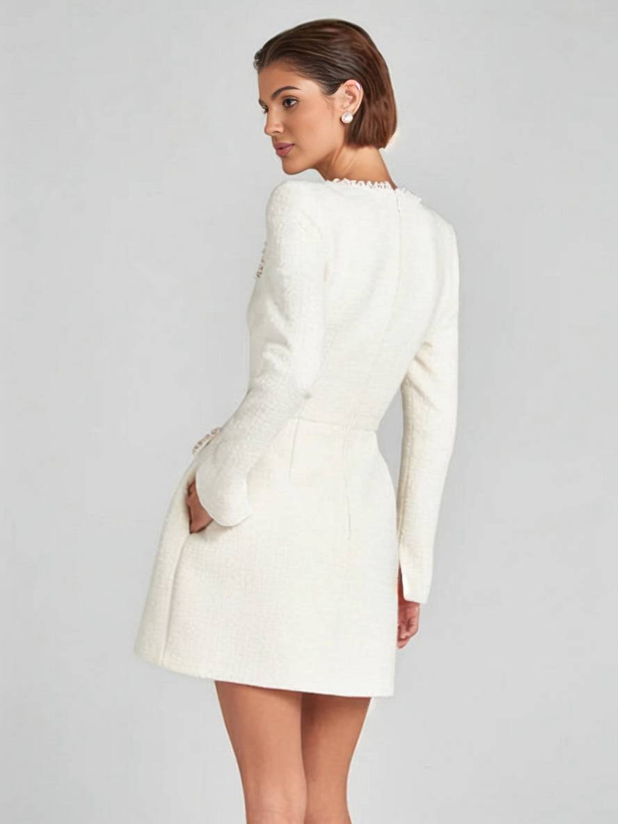 Zaprada short tweed dress with slit pockets, long sleeves, women's vintage elegant party dress