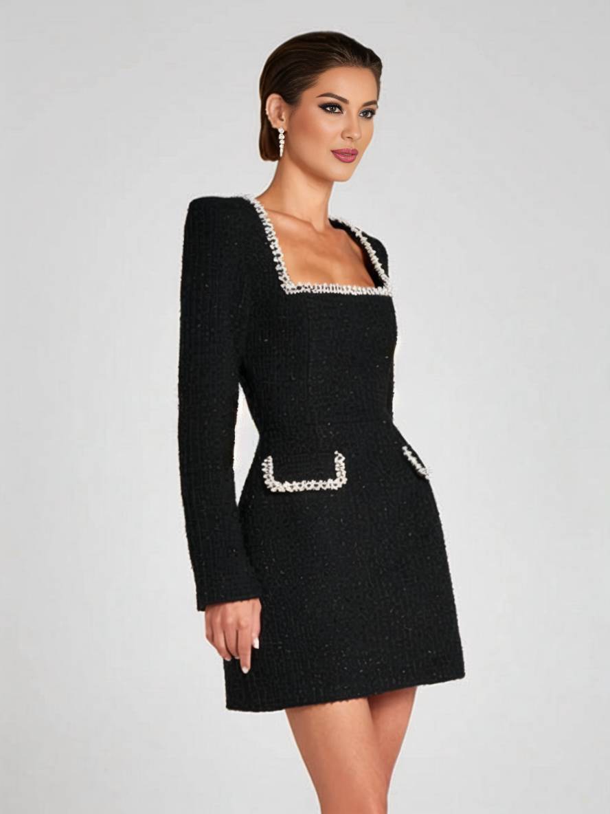 Zaprada short tweed dress with slit pockets, long sleeves, women's vintage elegant party dress