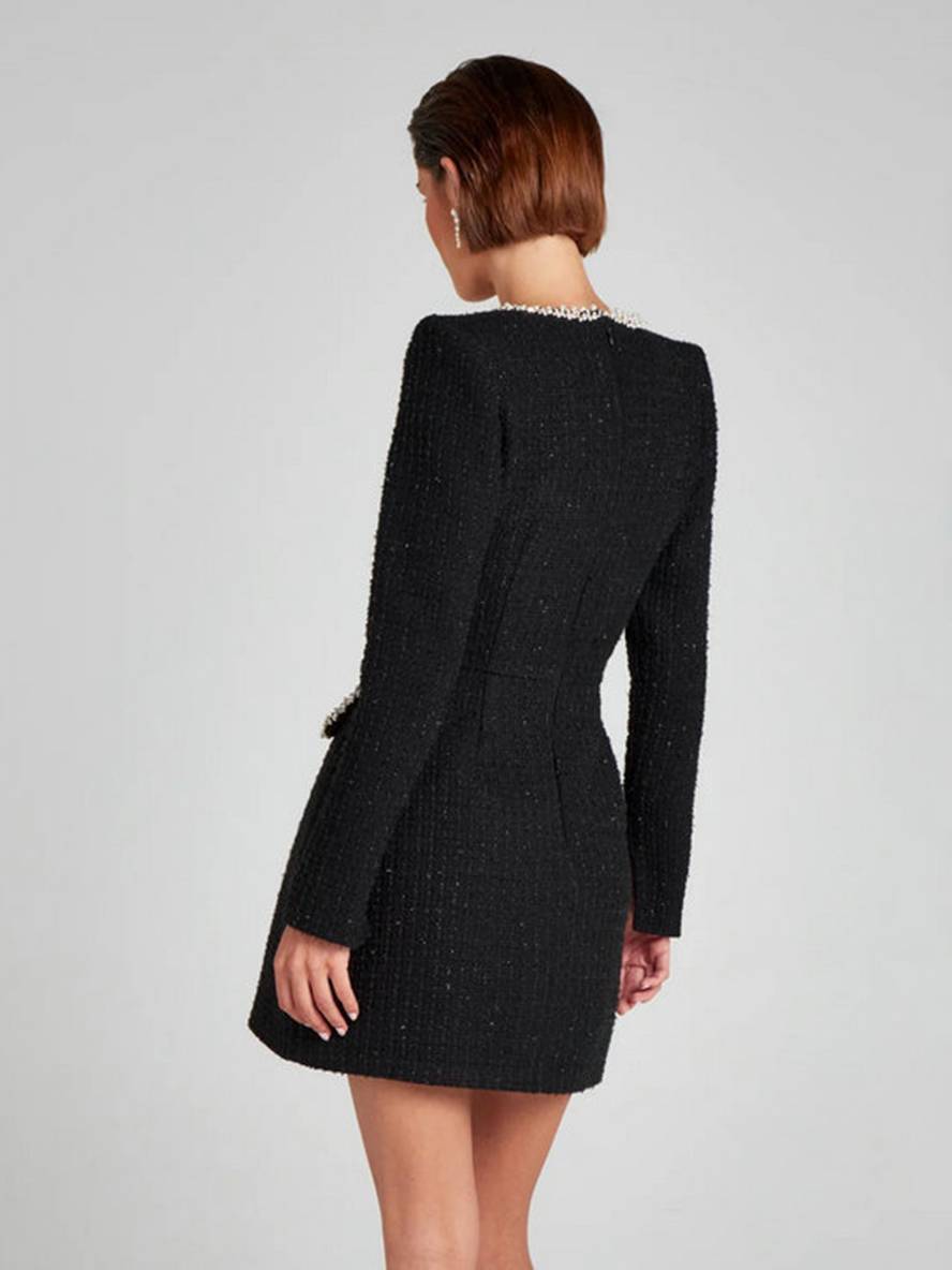 Zaprada short tweed dress with slit pockets, long sleeves, women's vintage elegant party dress