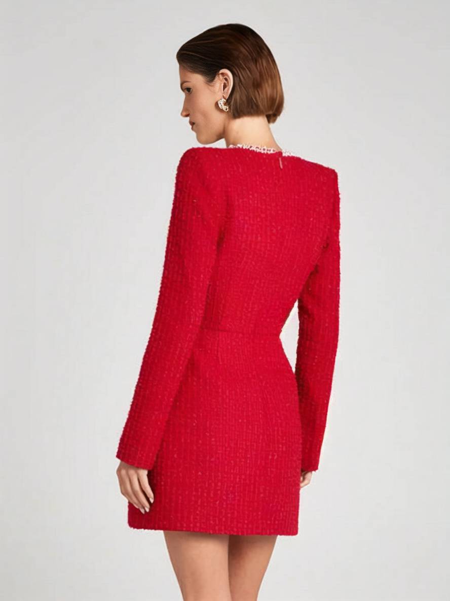 Zaprada short tweed dress with slit pockets, long sleeves, women's vintage elegant party dress