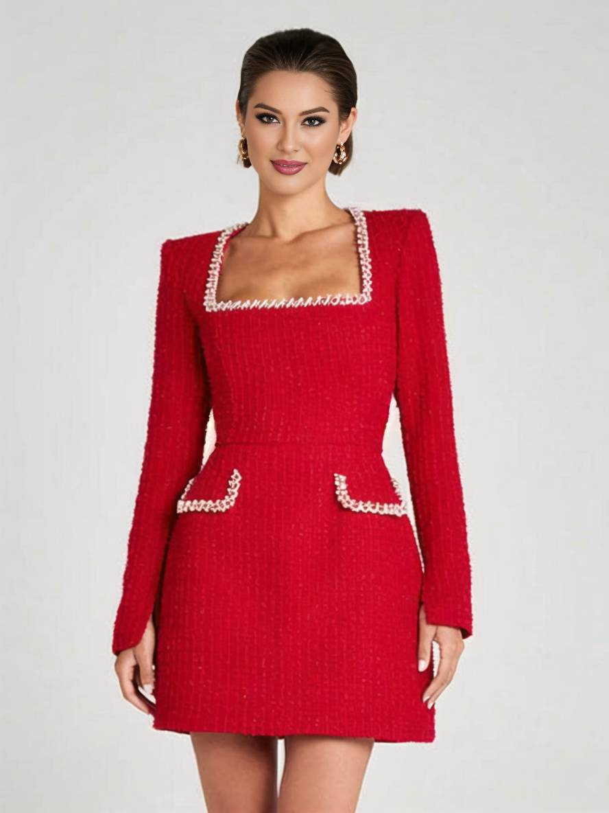 Zaprada short tweed dress with slit pockets, long sleeves, women's vintage elegant party dress