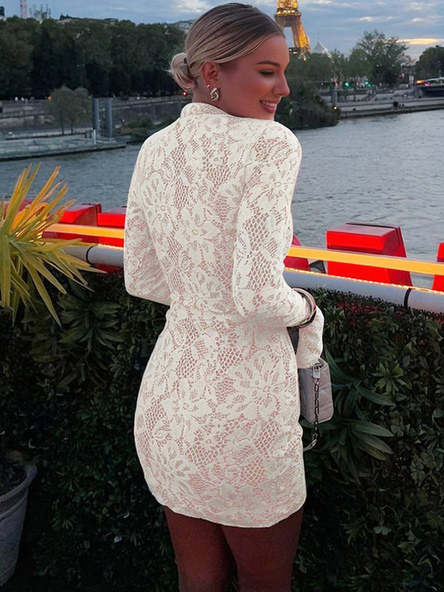 Zaprada short lace dress with cutouts, fitted Mao collar, flared sleeves, long sleeves, elegant cocktail dress for women