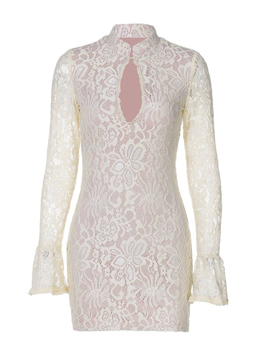 Zaprada short lace dress with cutouts, fitted Mao collar, flared sleeves, long sleeves, elegant cocktail dress for women