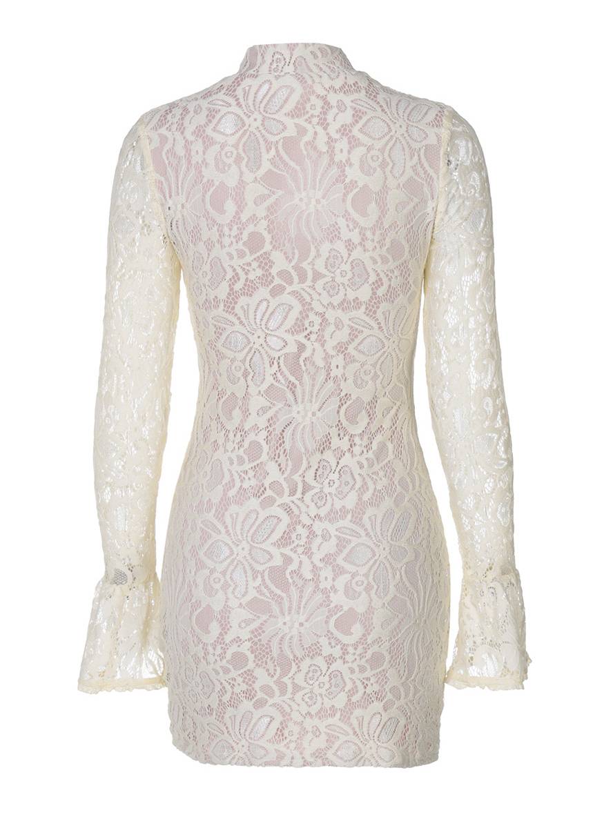 Zaprada short lace dress with cutouts, fitted Mao collar, flared sleeves, long sleeves, elegant cocktail dress for women