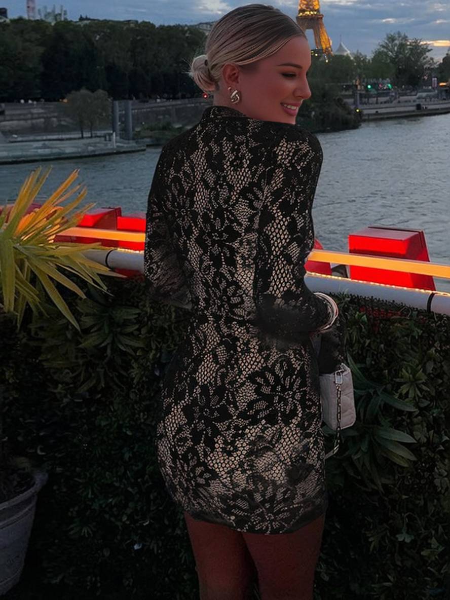 Zaprada short lace dress with cutouts, fitted Mao collar, flared sleeves, long sleeves, elegant cocktail dress for women