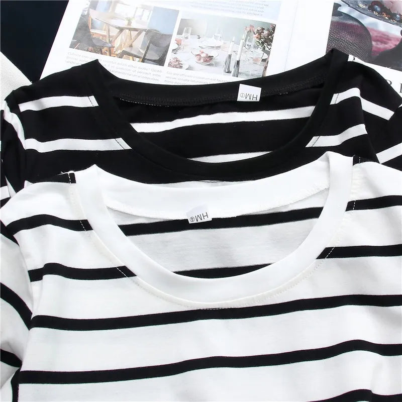 Women's Striped Long Sleeve T-Shirt Zaprada Spring Cotton Casual Top Korean Style Black and White