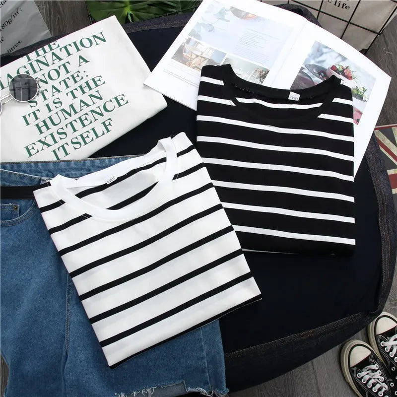 Women's Striped Long Sleeve T-Shirt Zaprada Spring Cotton Casual Top Korean Style Black and White