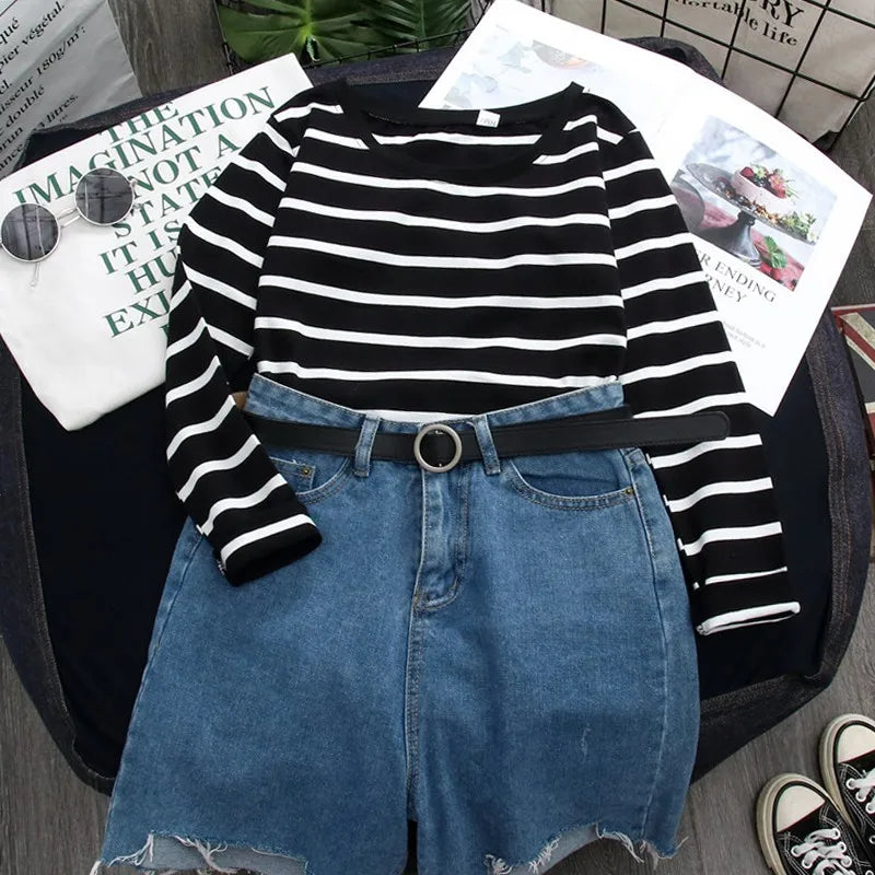 Women's Striped Long Sleeve T-Shirt Zaprada Spring Cotton Casual Top Korean Style Black and White