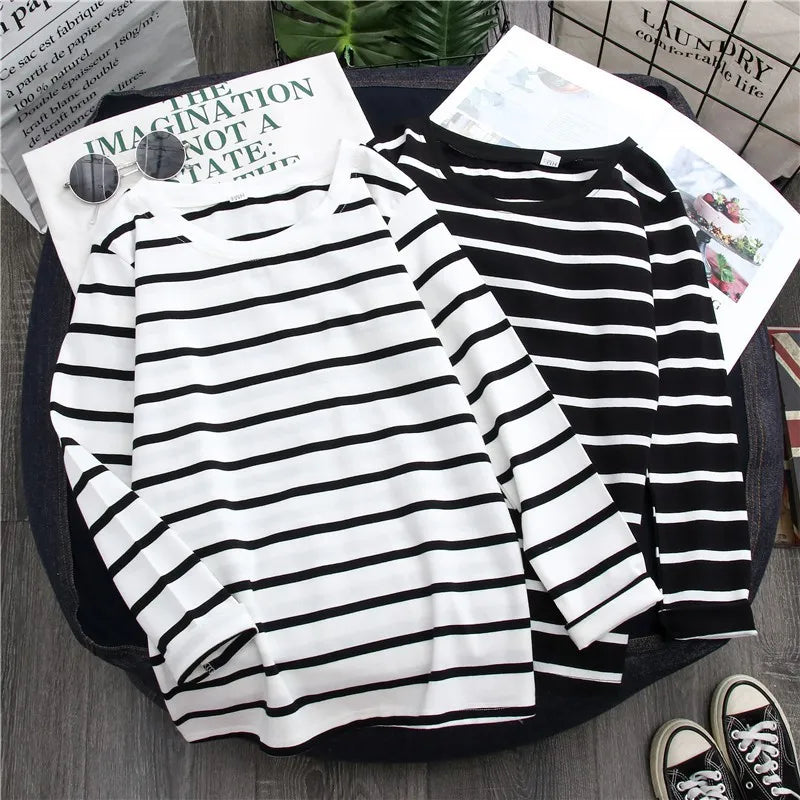 Women's Striped Long Sleeve T-Shirt Zaprada Spring Cotton Casual Top Korean Style Black and White