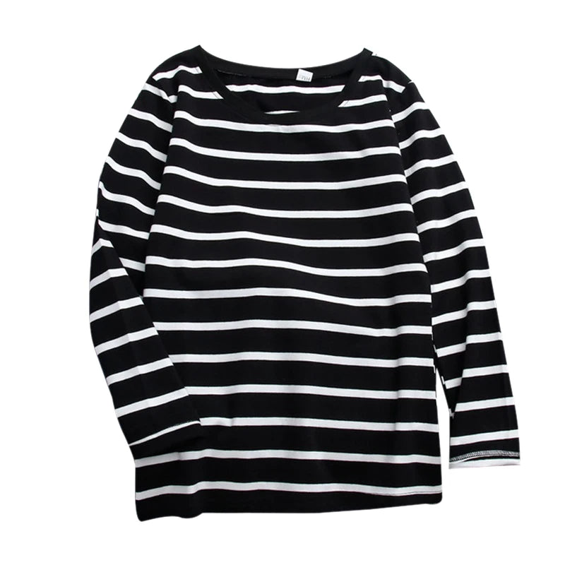 Women's Striped Long Sleeve T-Shirt Zaprada Spring Cotton Casual Top Korean Style Black and White
