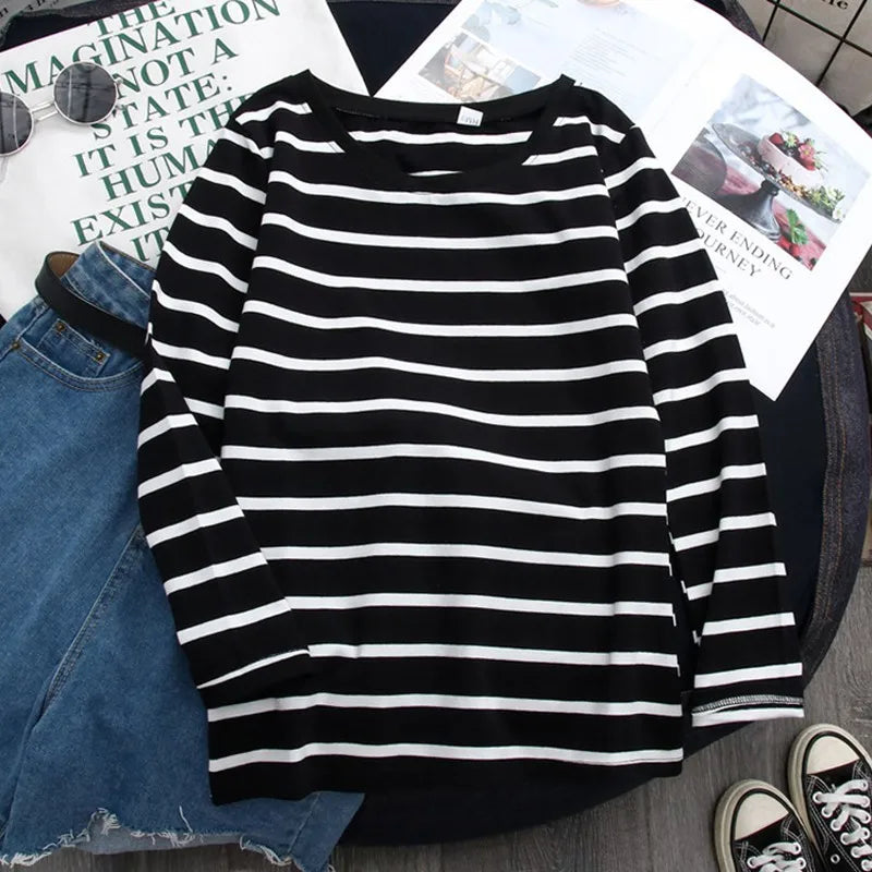 Women's Striped Long Sleeve T-Shirt Zaprada Spring Cotton Casual Top Korean Style Black and White