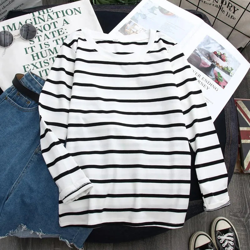 Women's Striped Long Sleeve T-Shirt Zaprada Spring Cotton Casual Top Korean Style Black and White