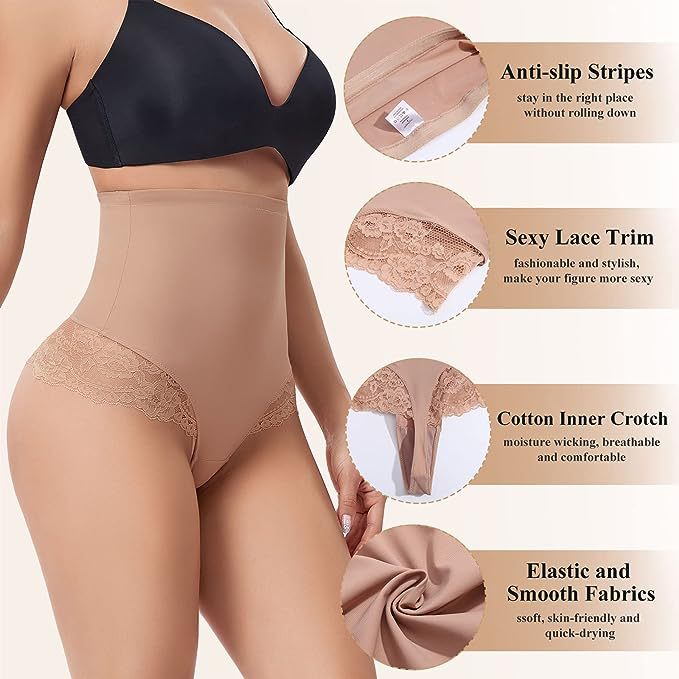 Seamless Lace Tummy Control Shapewear High Waist Compression Thong Panties Underwear