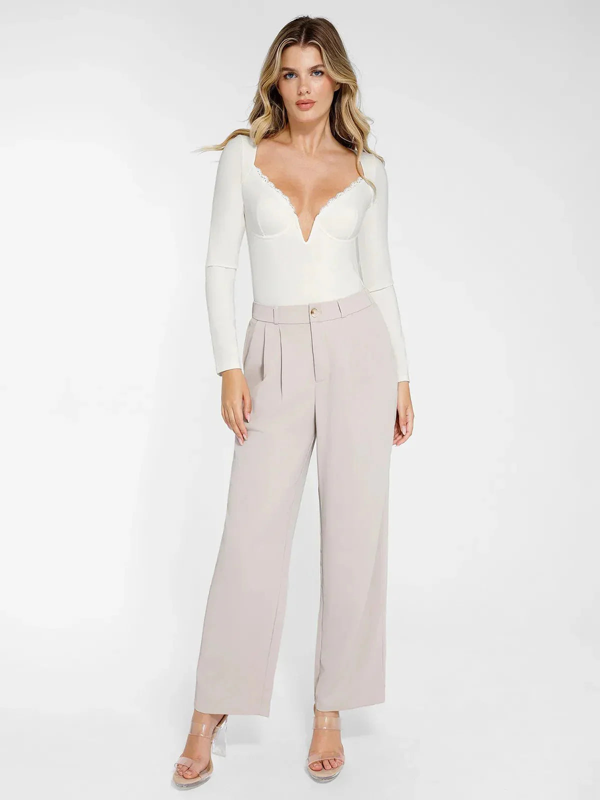 Sculpting long-sleeve V-neck bodysuit with lace trim