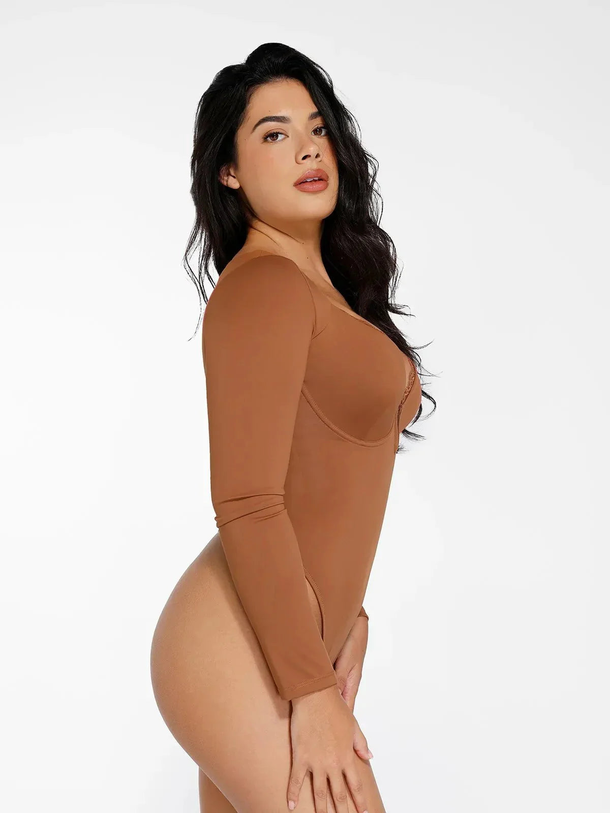 Sculpting long-sleeve V-neck bodysuit with lace trim