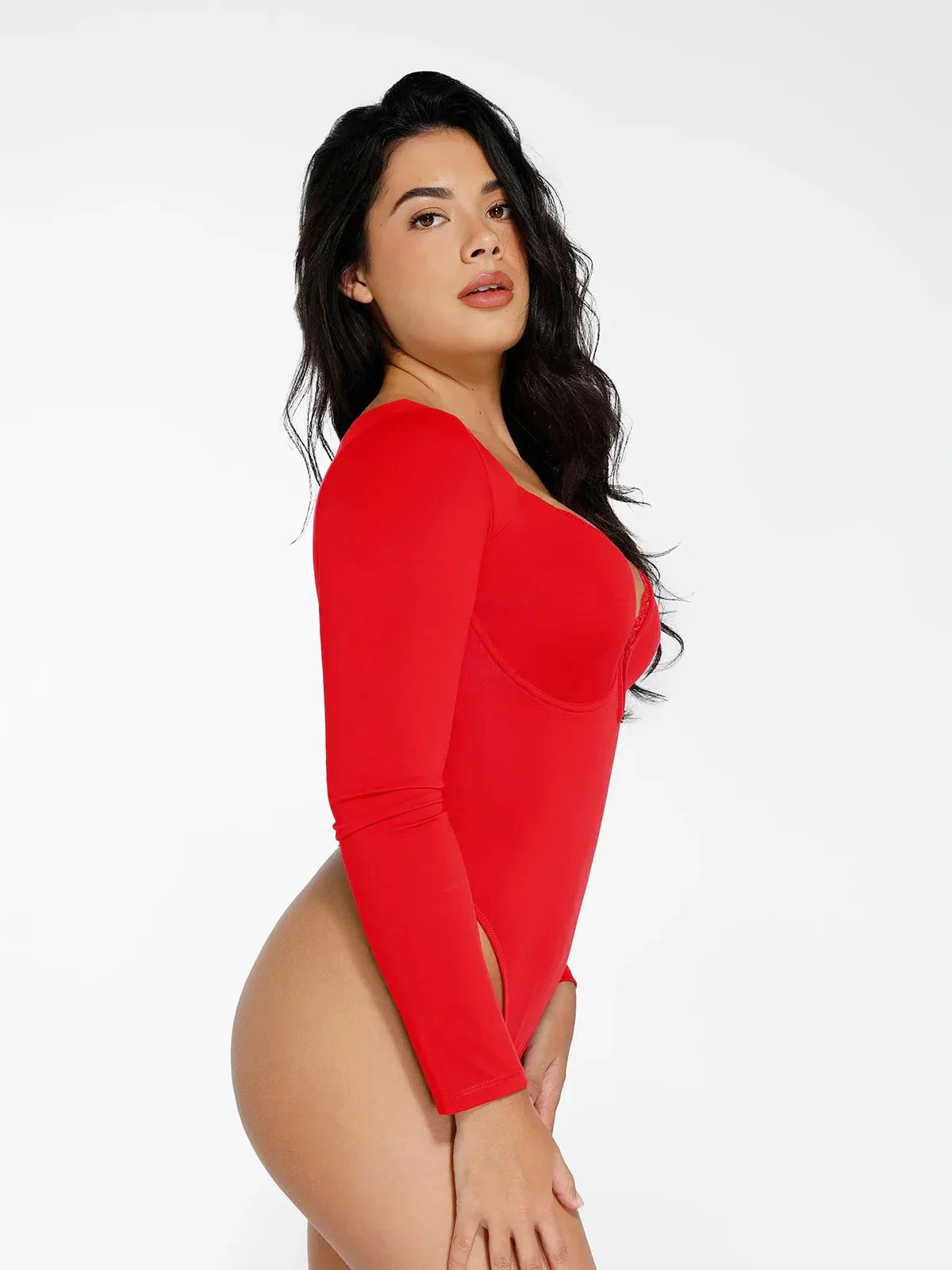 Sculpting long-sleeve V-neck bodysuit with lace trim