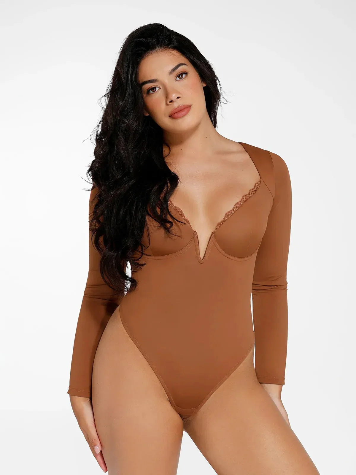 Sculpting long-sleeve V-neck bodysuit with lace trim