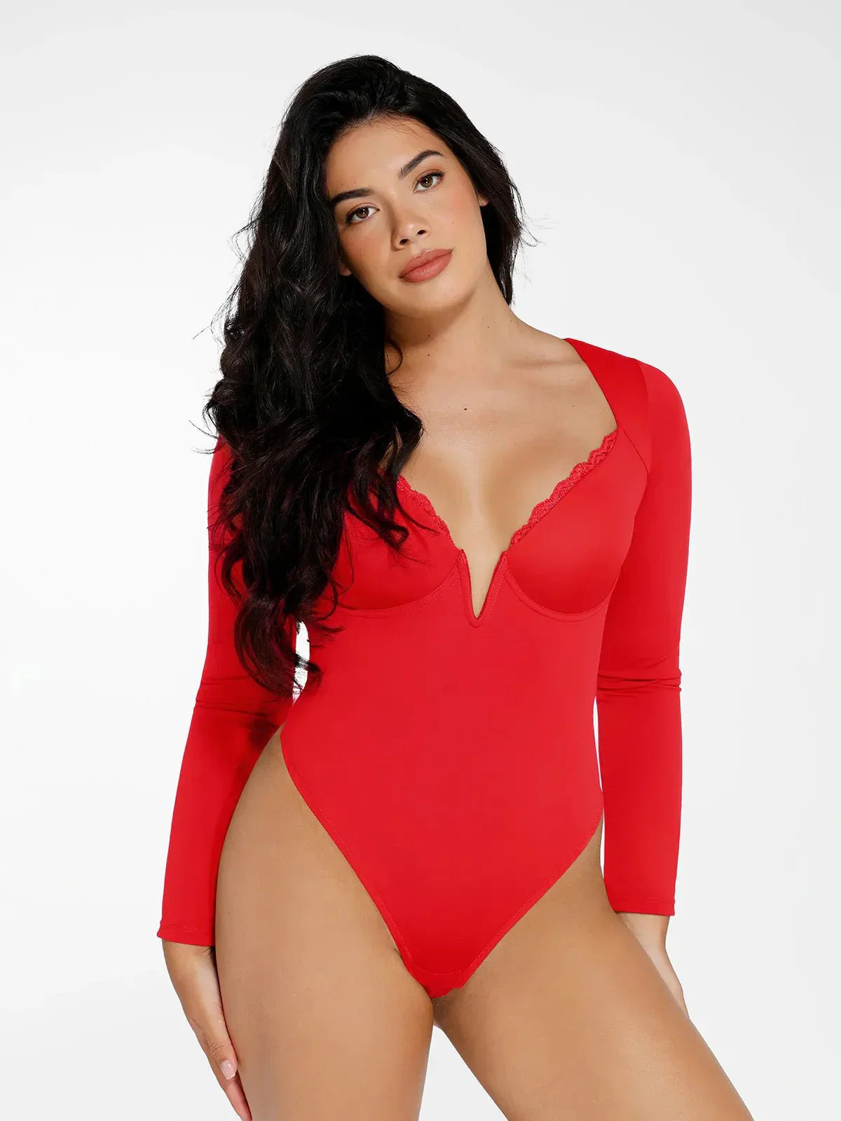Sculpting long-sleeve V-neck bodysuit with lace trim