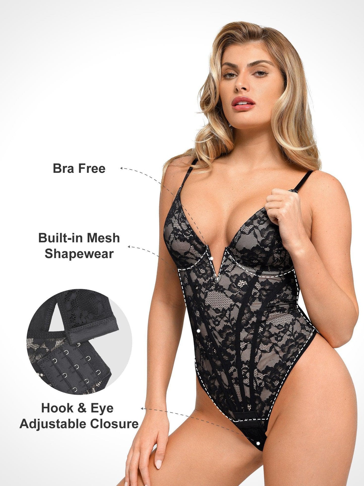 Sheathing lace bodysuit with plunging V-neckline and hourglass bodice