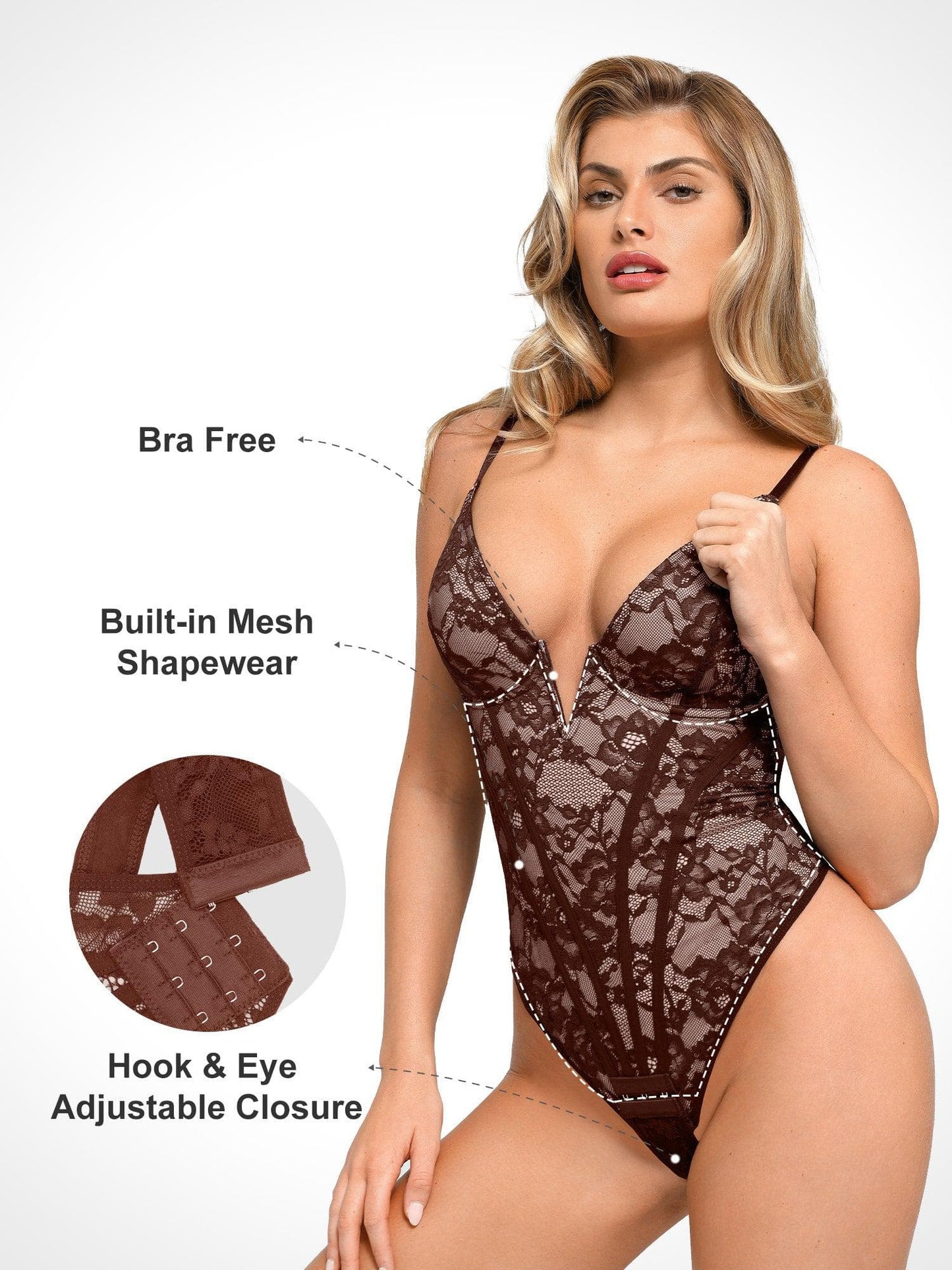 Sheathing lace bodysuit with plunging V-neckline and hourglass bodice