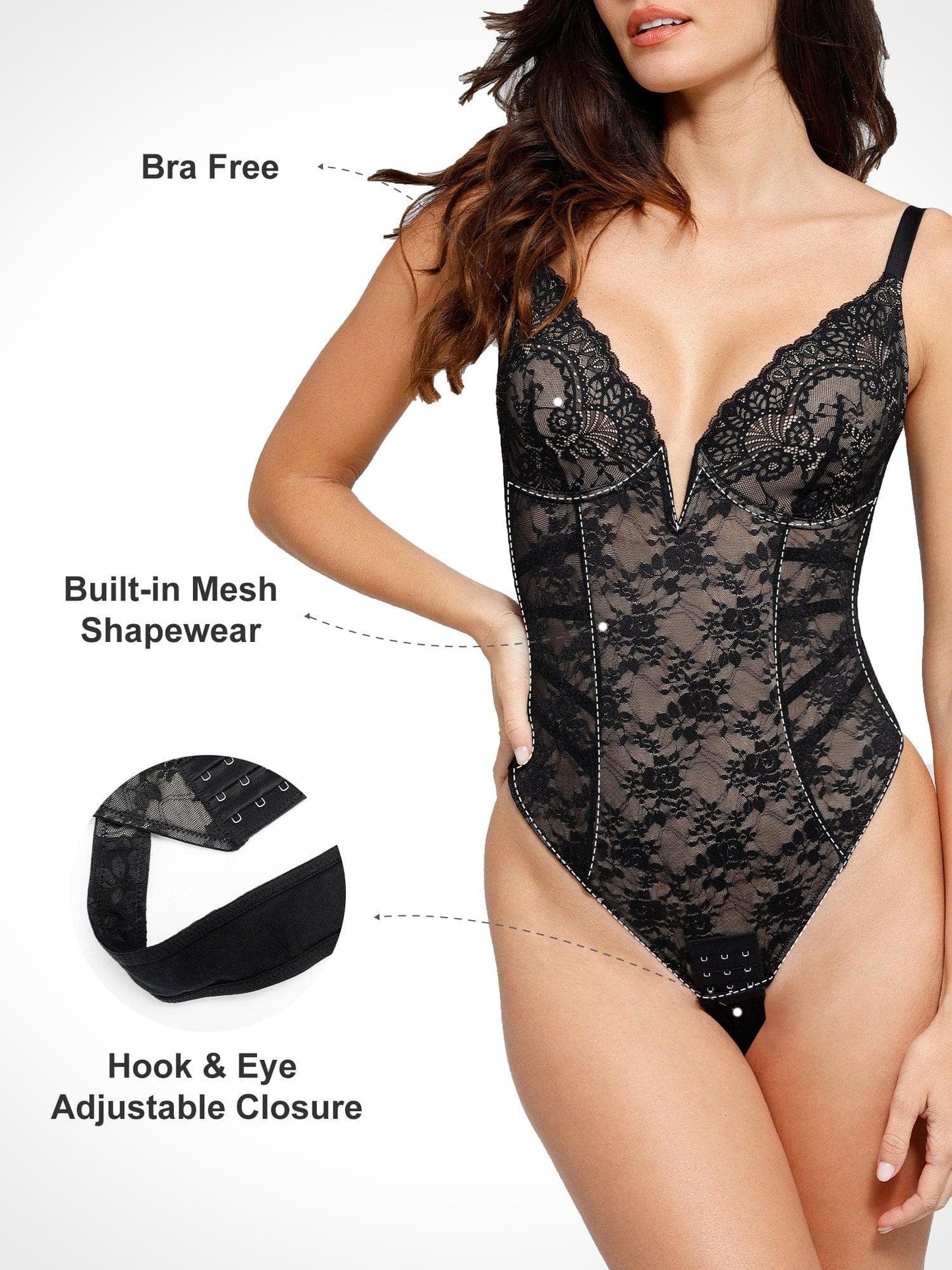 Sheer lace bodysuit with deep V neckline and halter top