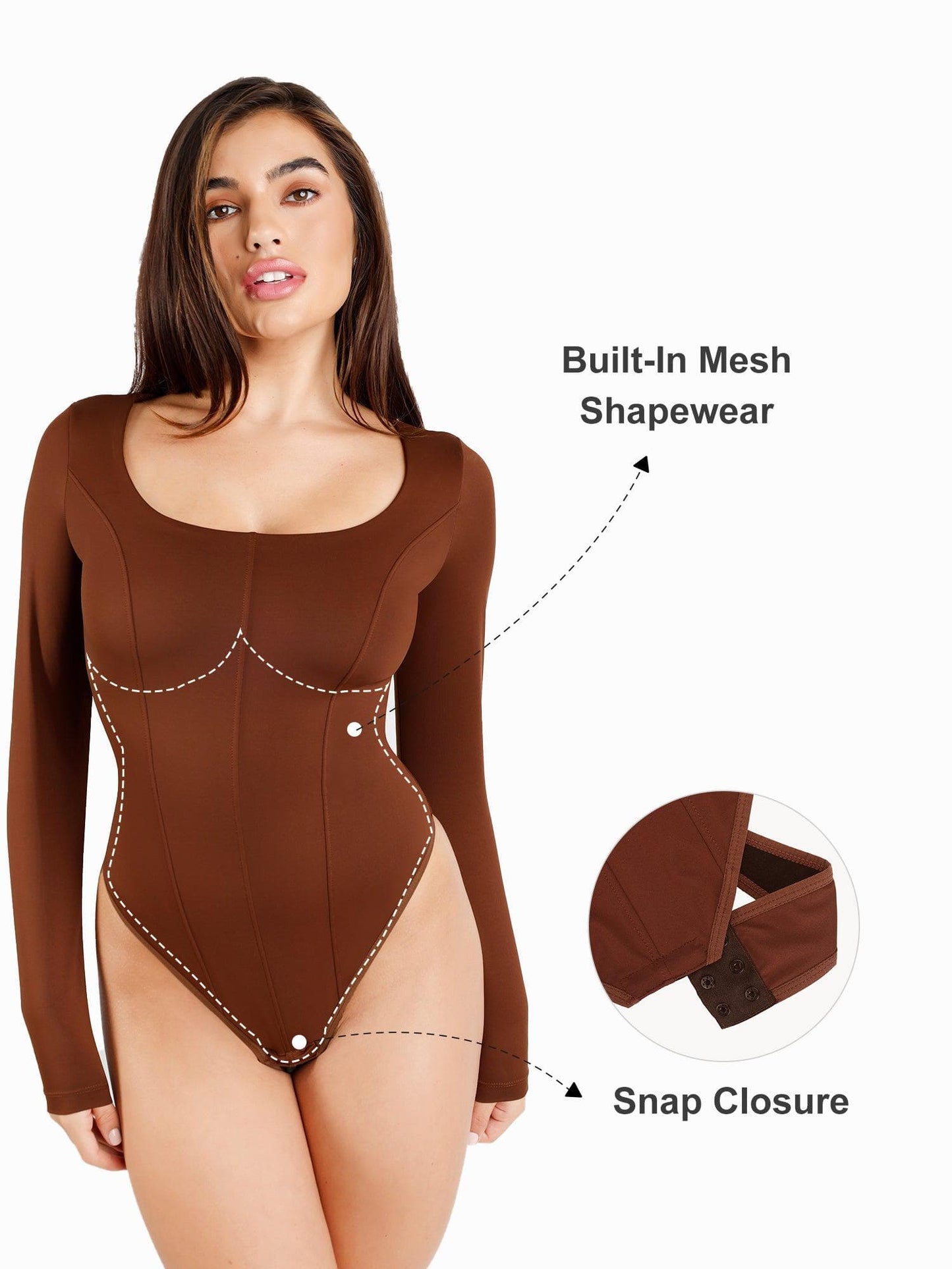 Shaping bodysuit with long sleeves and shaping thong