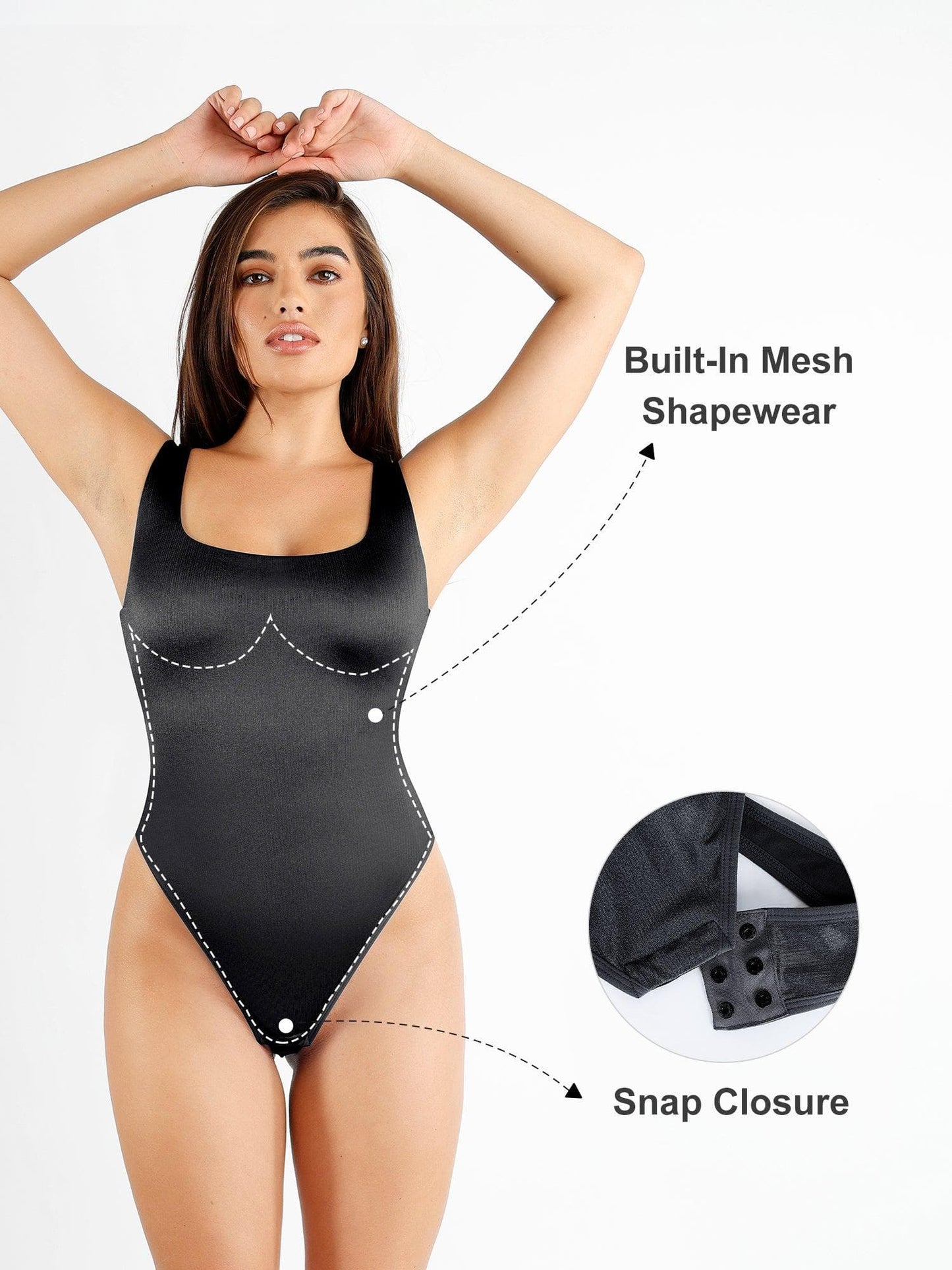 Sheathing thong body with square neckline and smoothing shine