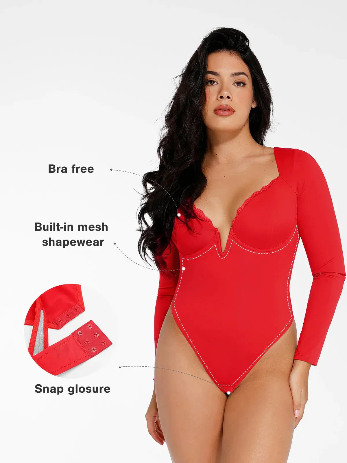 Sculpting long-sleeve V-neck bodysuit with lace trim