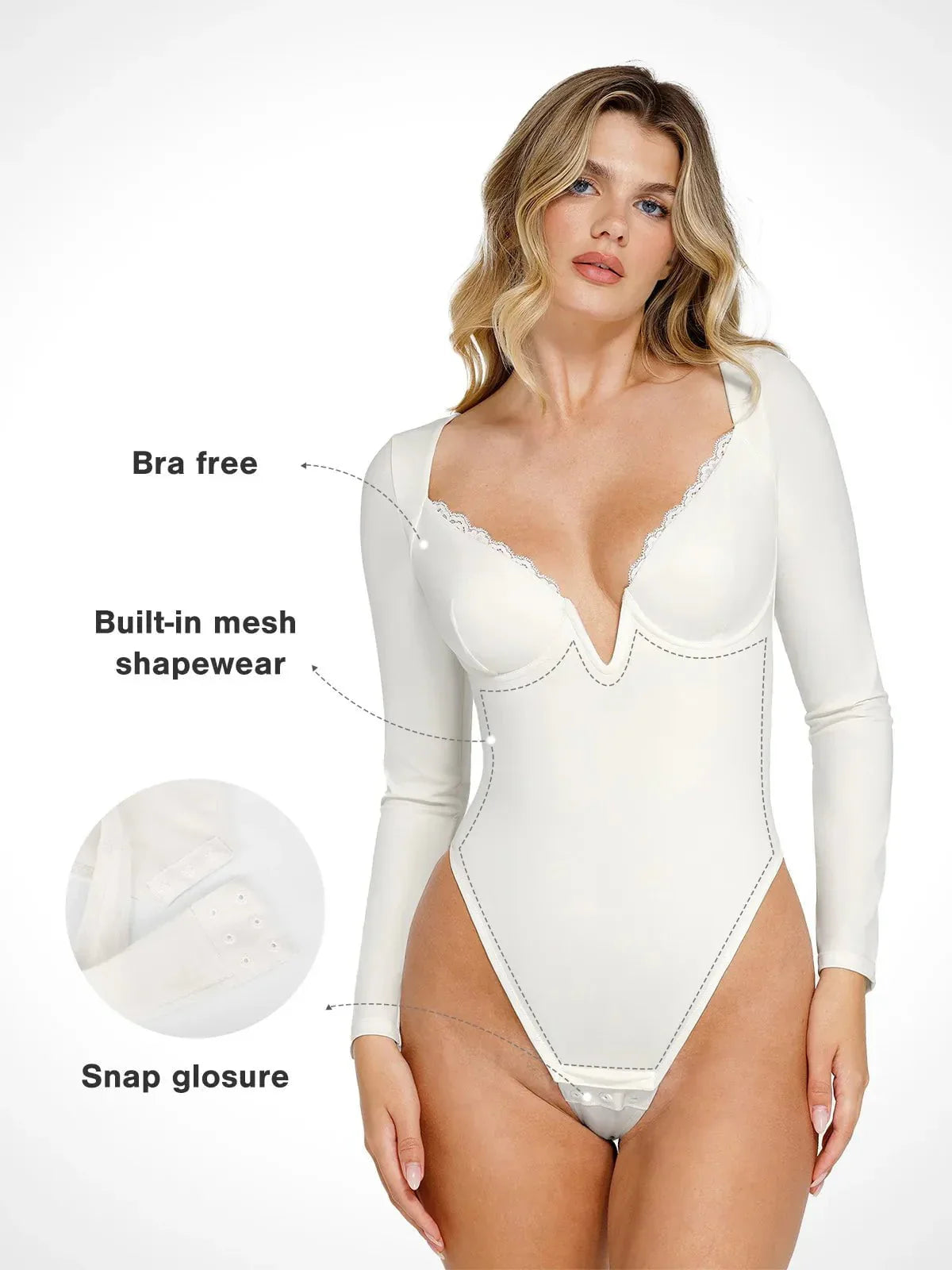 Sculpting long-sleeve V-neck bodysuit with lace trim