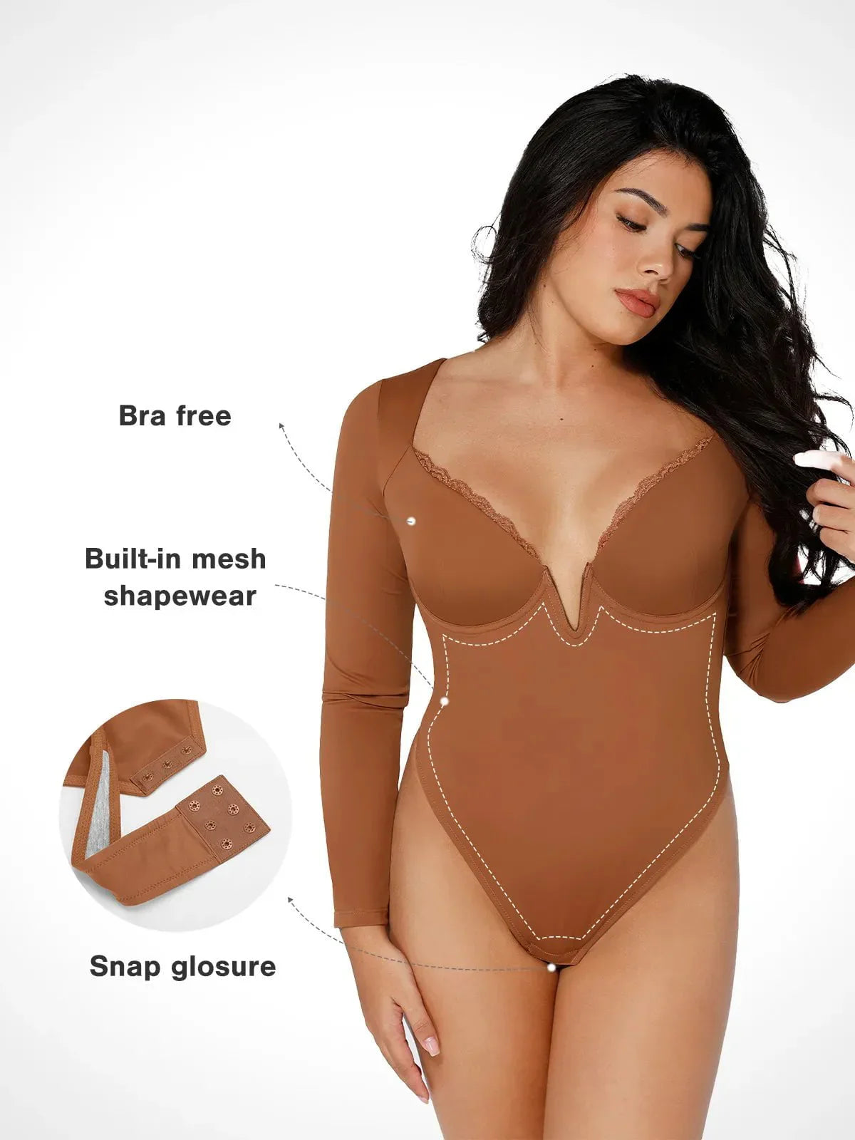 Sculpting long-sleeve V-neck bodysuit with lace trim