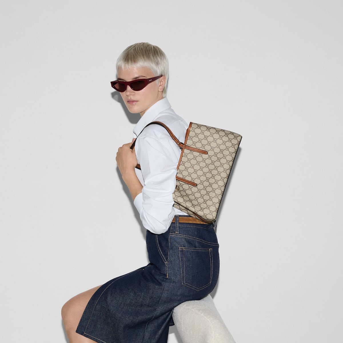 GG Supreme Monogram Emblem small tote bag beige dark brown