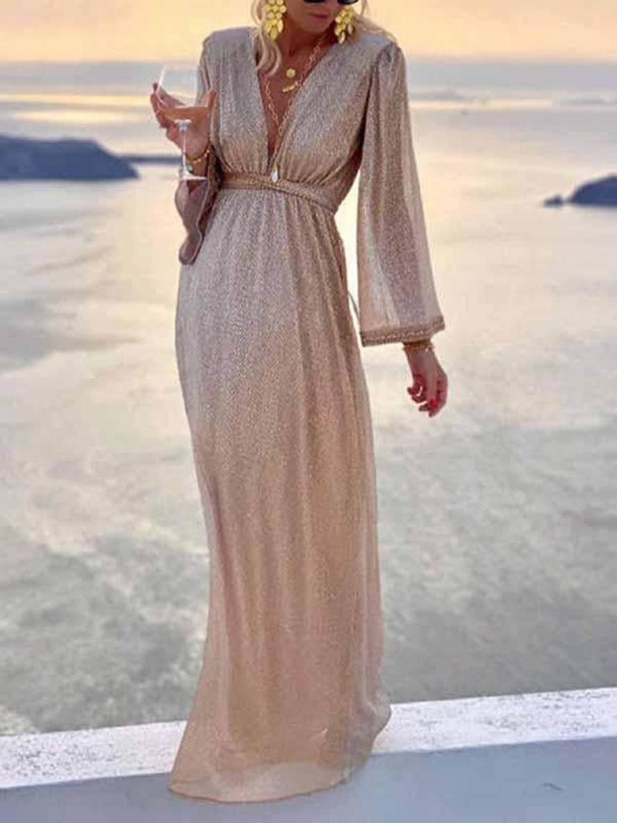 Zaprada long shiny sequined dress with V-neck and long sleeves, elegant for evening wear and formal occasions.