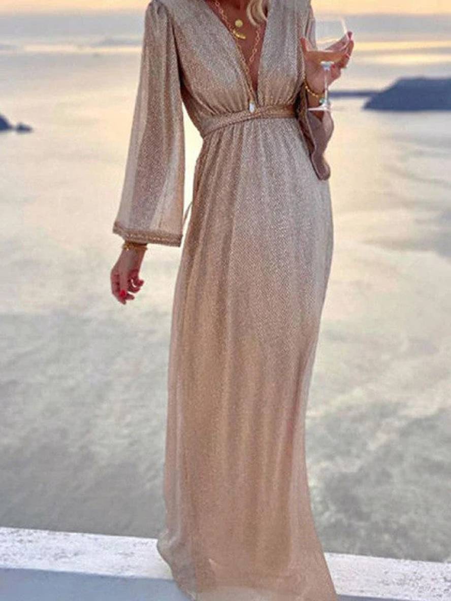 Zaprada long shiny sequined dress with V-neck and long sleeves, elegant for evening wear and formal occasions.