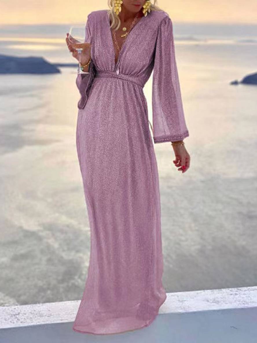 Zaprada long shiny sequined dress with V-neck and long sleeves, elegant for evening wear and formal occasions.