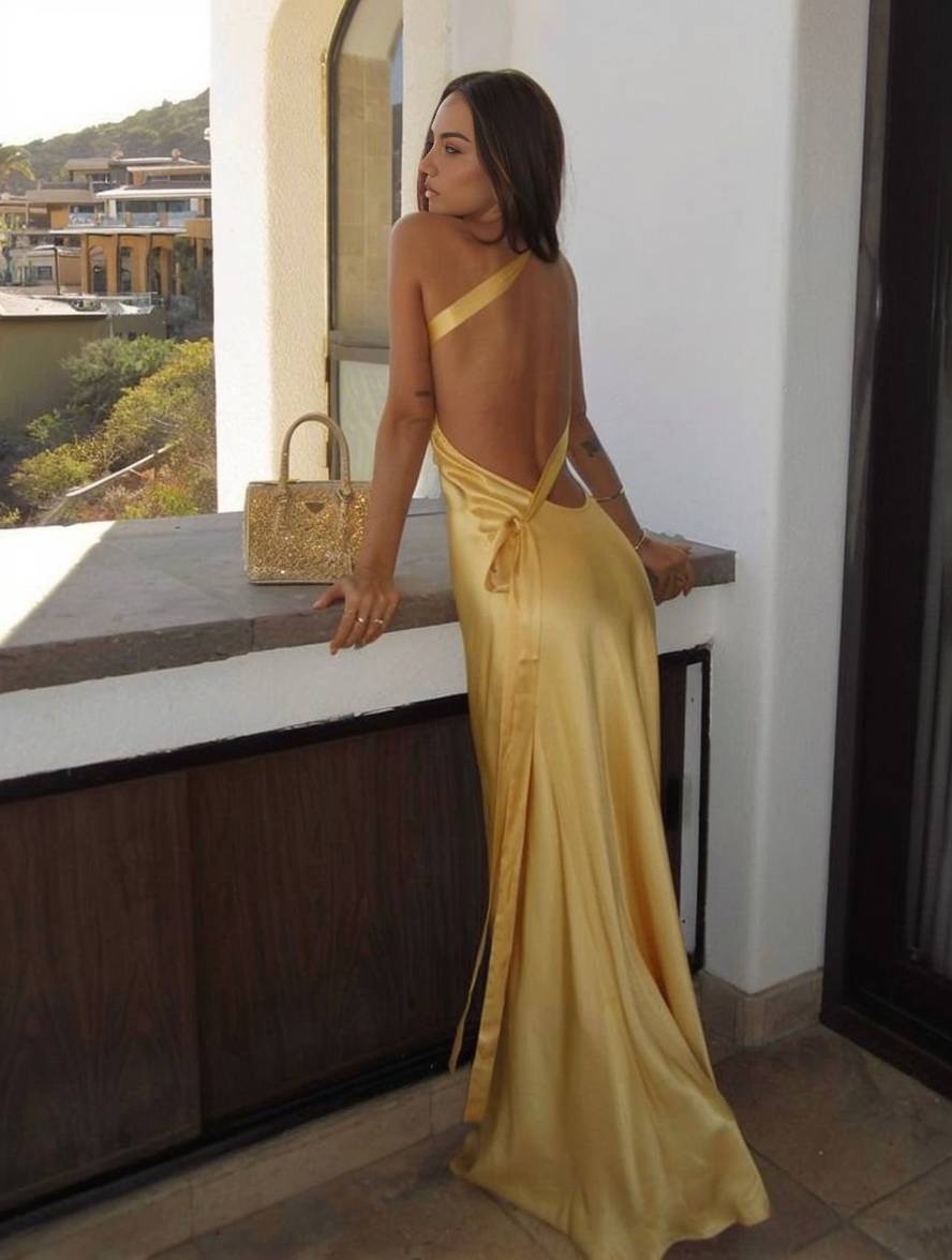 Zaprada long, form-fitting satin evening dress with open back, one shoulder, sleeveless, elegant women's dress