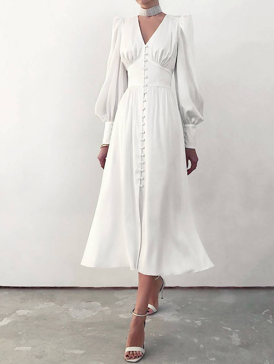 Zaprada long satin dress with V-neck, button closure, bishop sleeves, long sleeves, elegant vintage evening dress for weddings