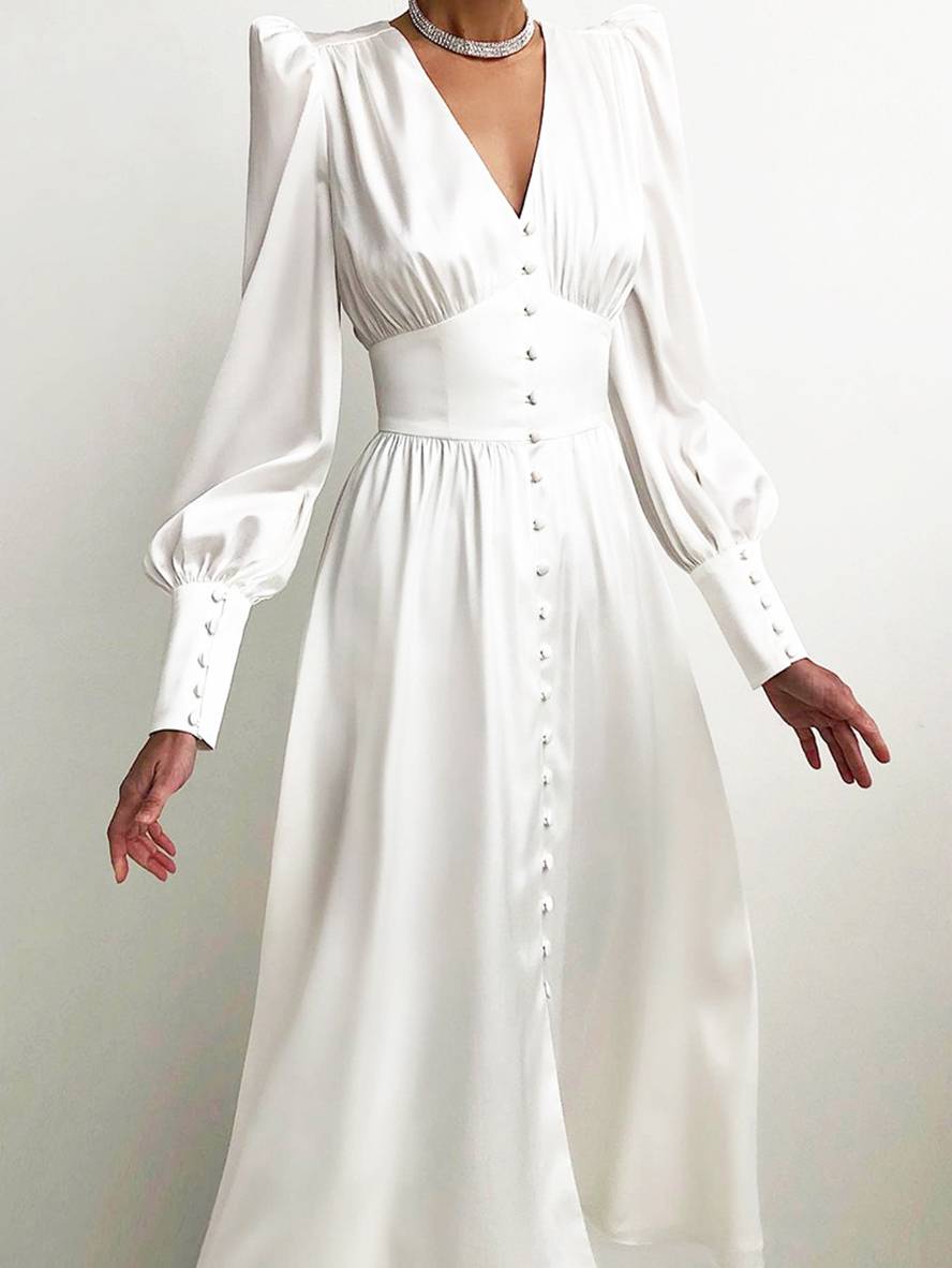 Zaprada long satin dress with V-neck, button closure, bishop sleeves, long sleeves, elegant vintage evening dress for weddings