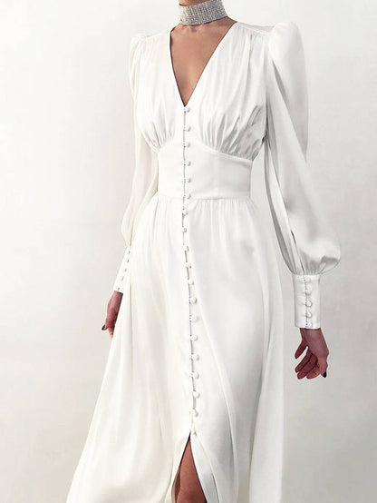 Zaprada long satin dress with V-neck, button closure, bishop sleeves, long sleeves, elegant vintage evening dress for weddings